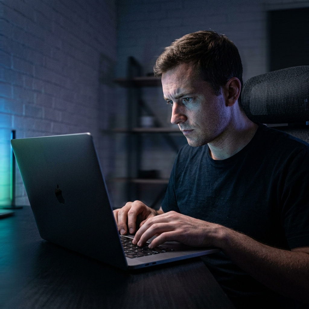 Founder working late with focused intensity and ambient blue light