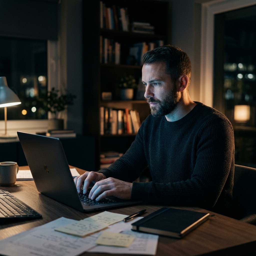 Founder working intently at laptop with dramatic blue lighting