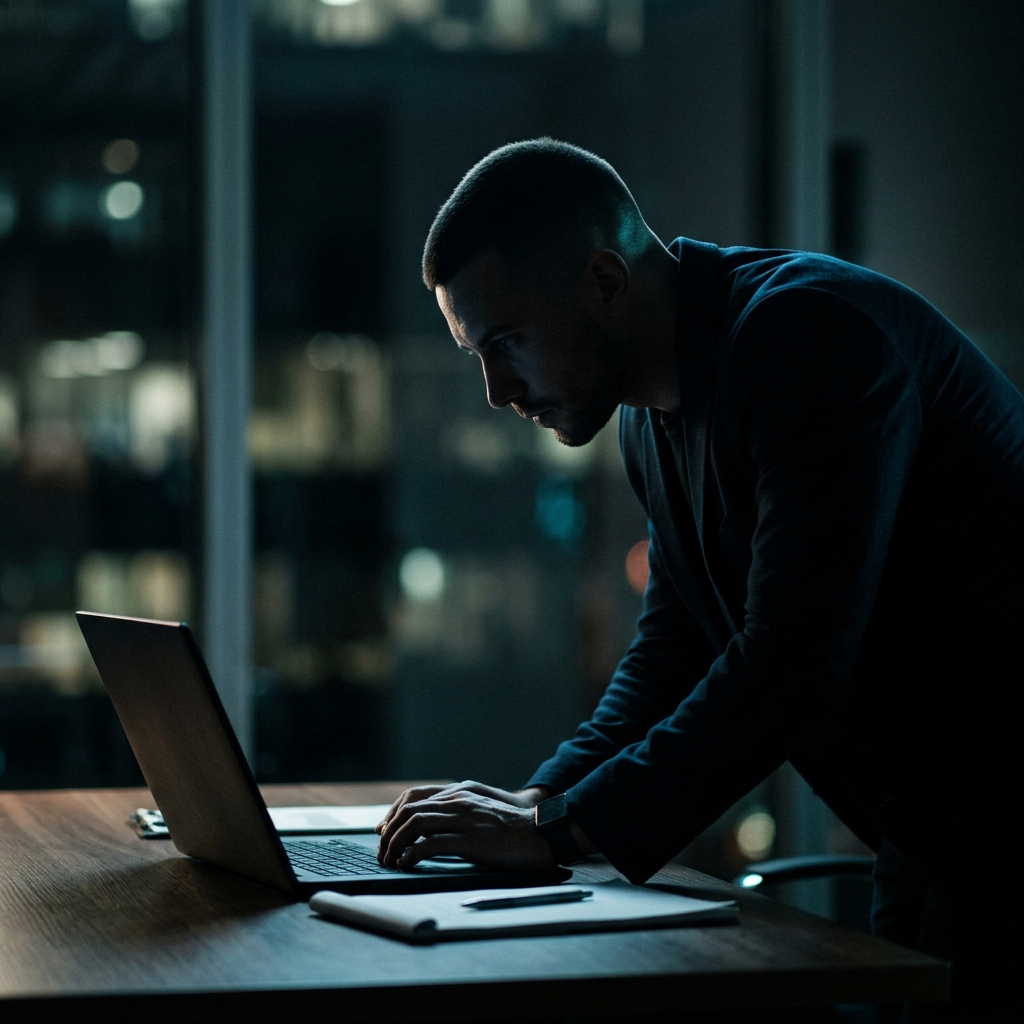 Founder working intensely at laptop in dramatic lighting
