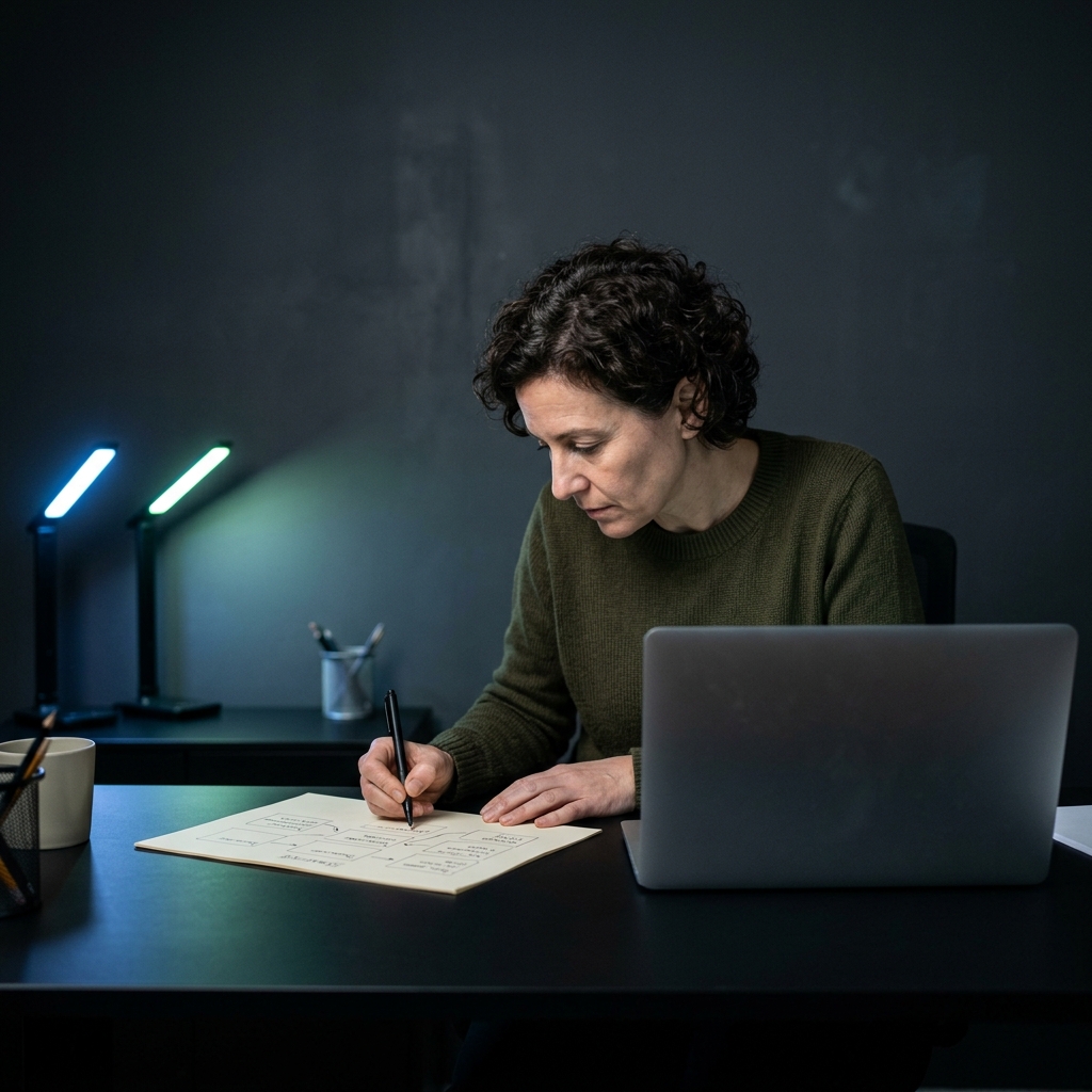 Founder intensely working on GTM strategy at night