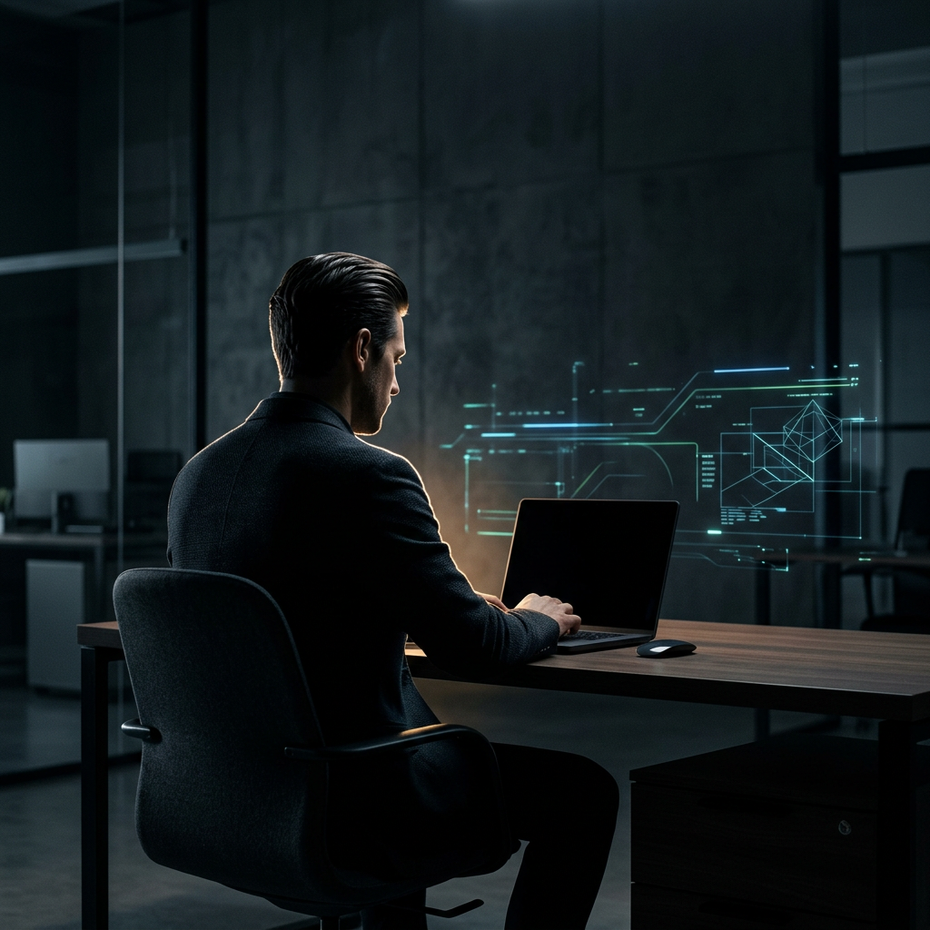 Founder working intensely at laptop with glowing data