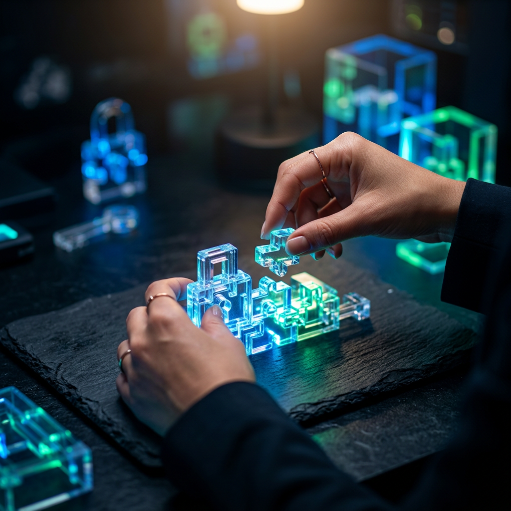 Founder assembling glowing puzzle pieces representing IP strategy
