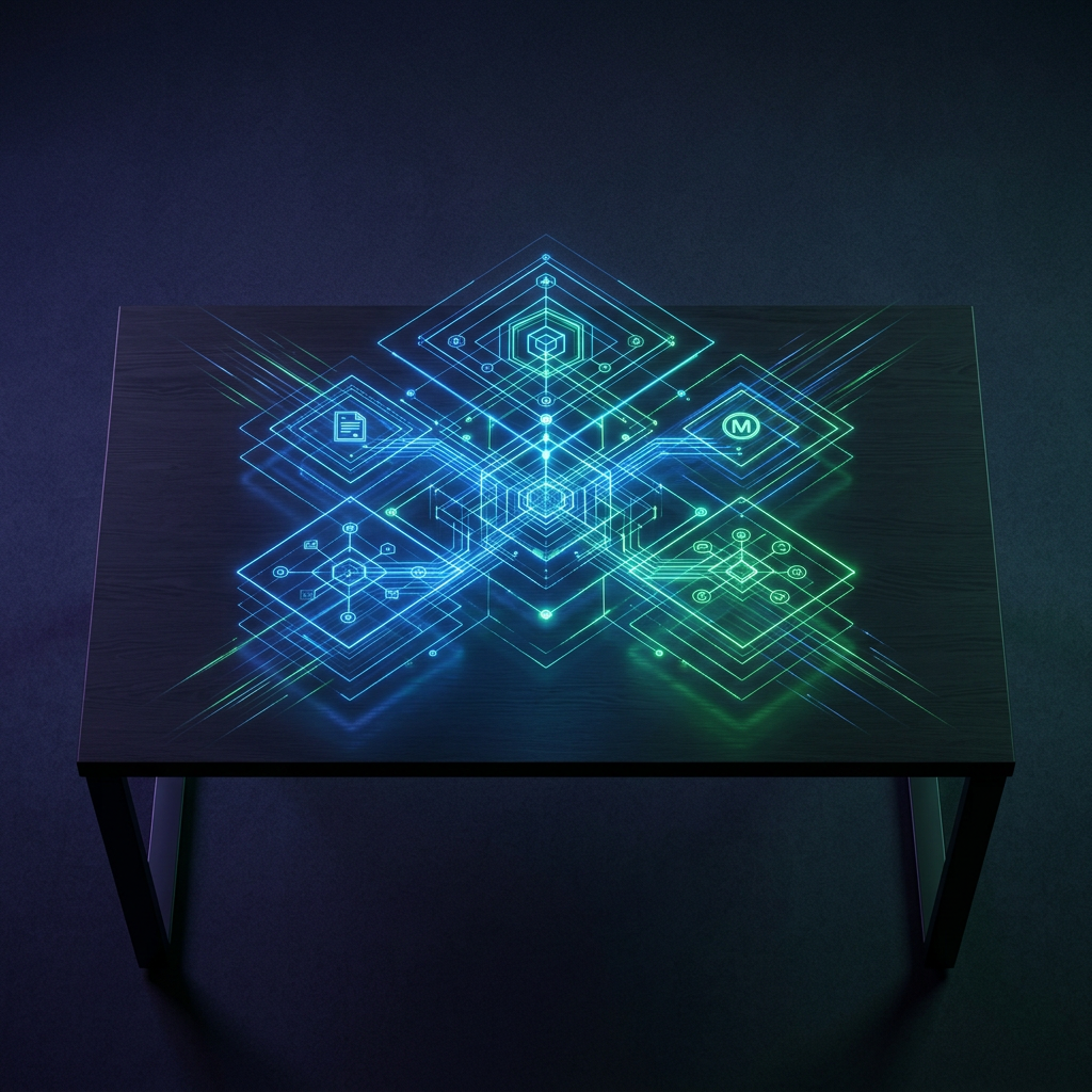 Holographic IP protection framework glowing on dark surface