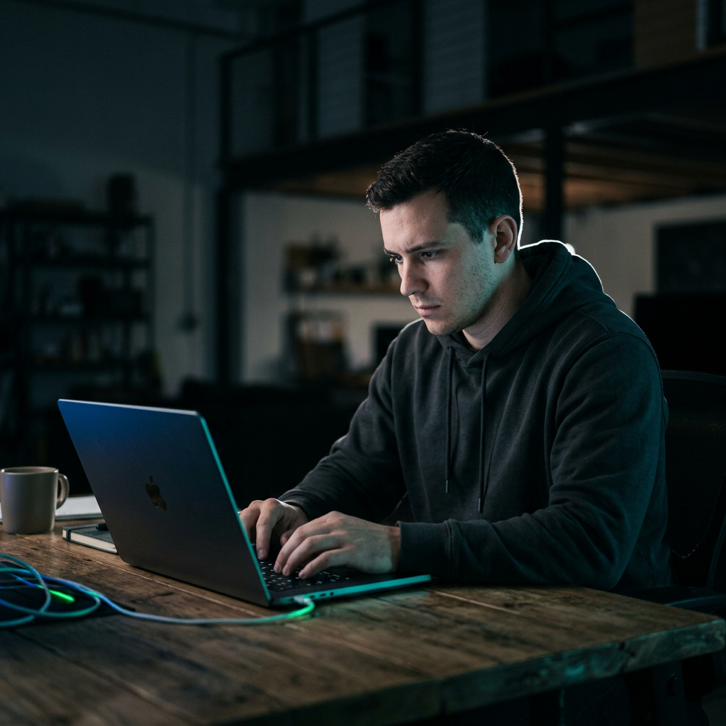 Founder working intently late night by ambient blue green light
