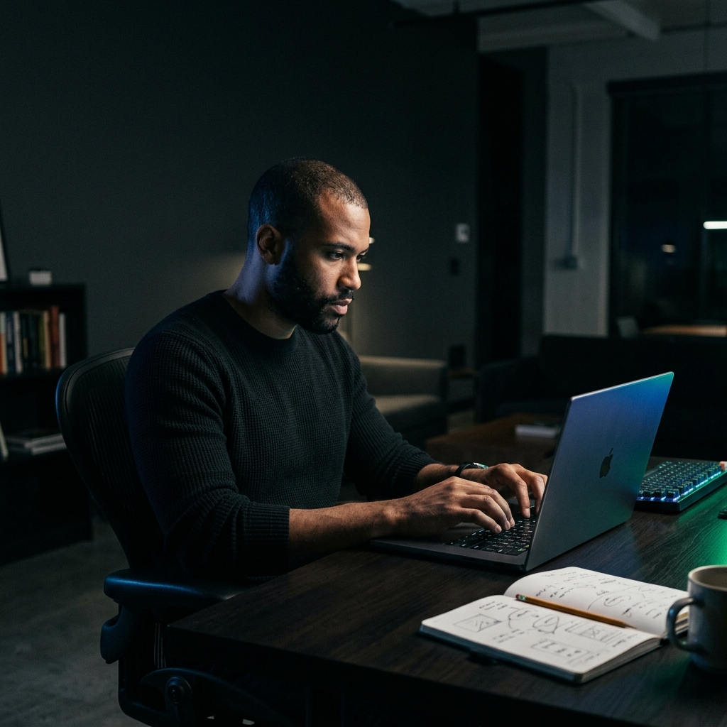 Founder working intently on laptop in dark workspace