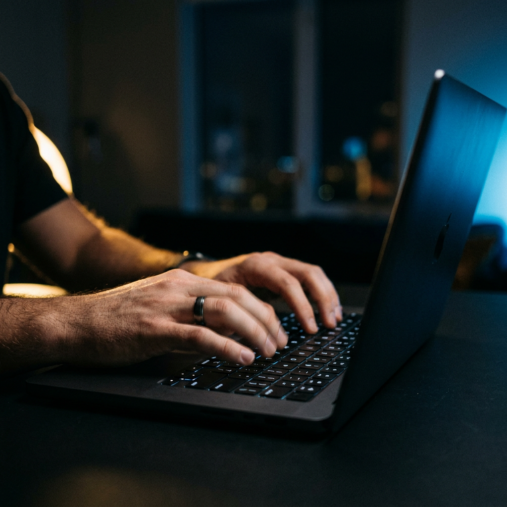 Founder hands typing on laptop with blue accent lighting