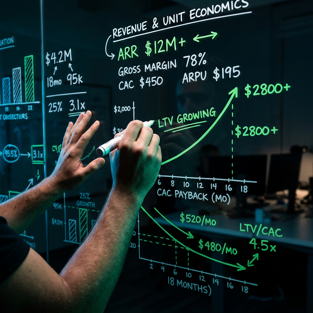 Founder sketching unit economics framework on glass