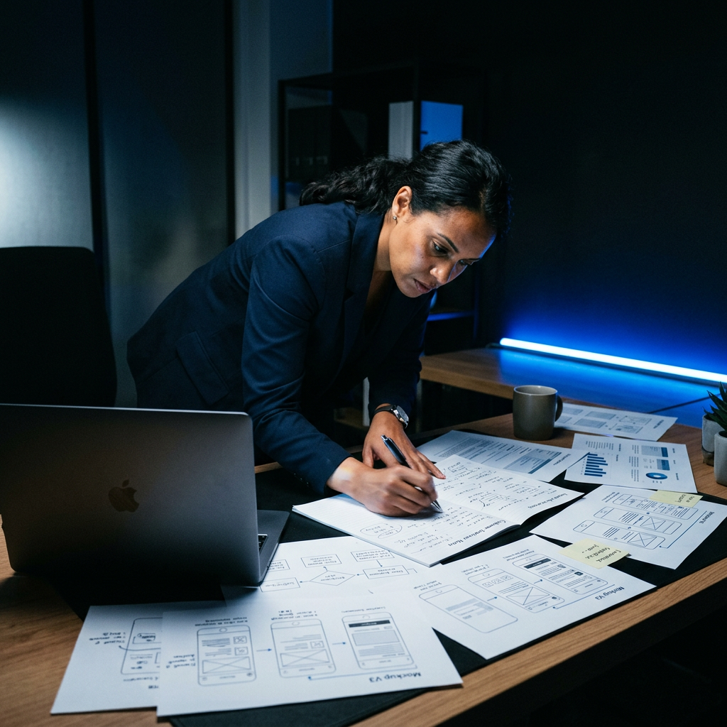 Founder conducting customer discovery research at night