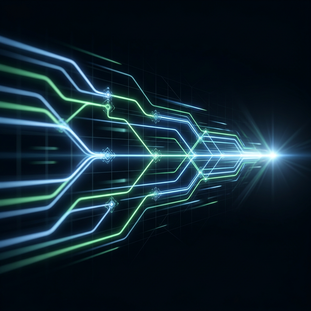 Glowing strategic roadmap converging toward market entry point