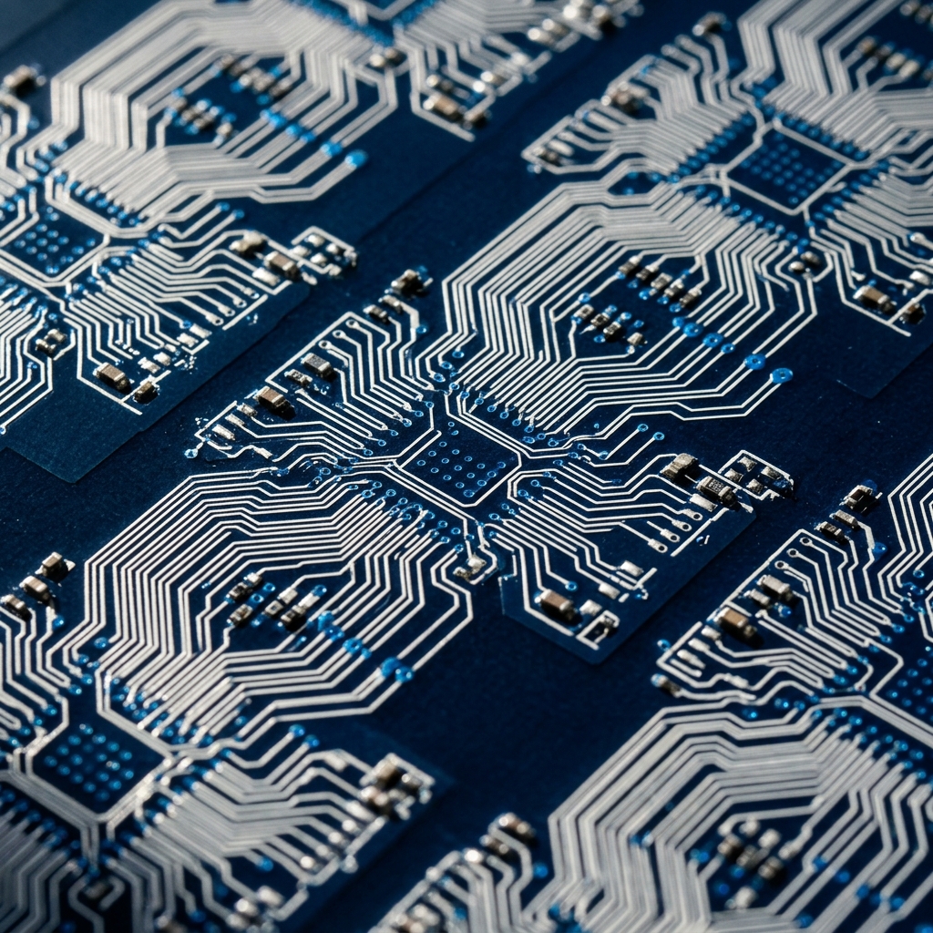 Circuit board pathways showing interconnected architectural nodes