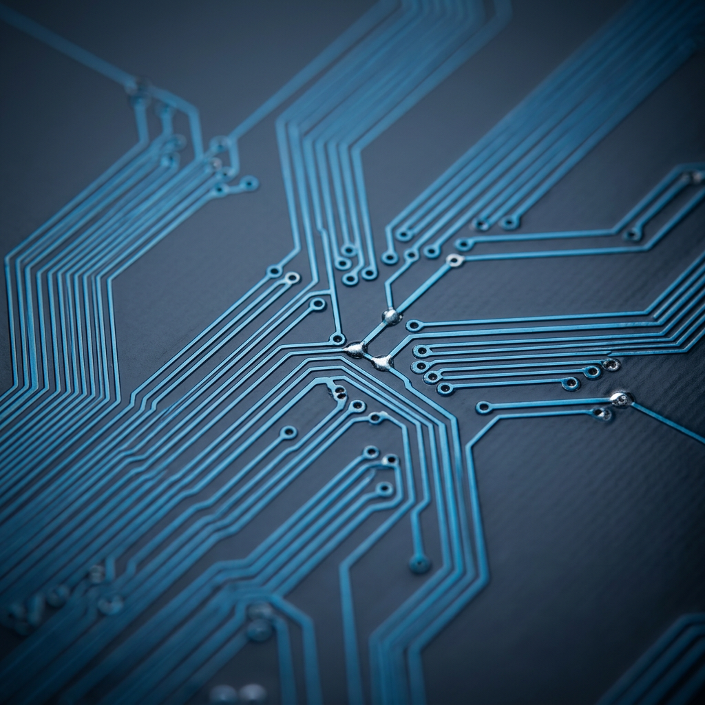 Circuit board pathways with blue highlights showing decision architecture