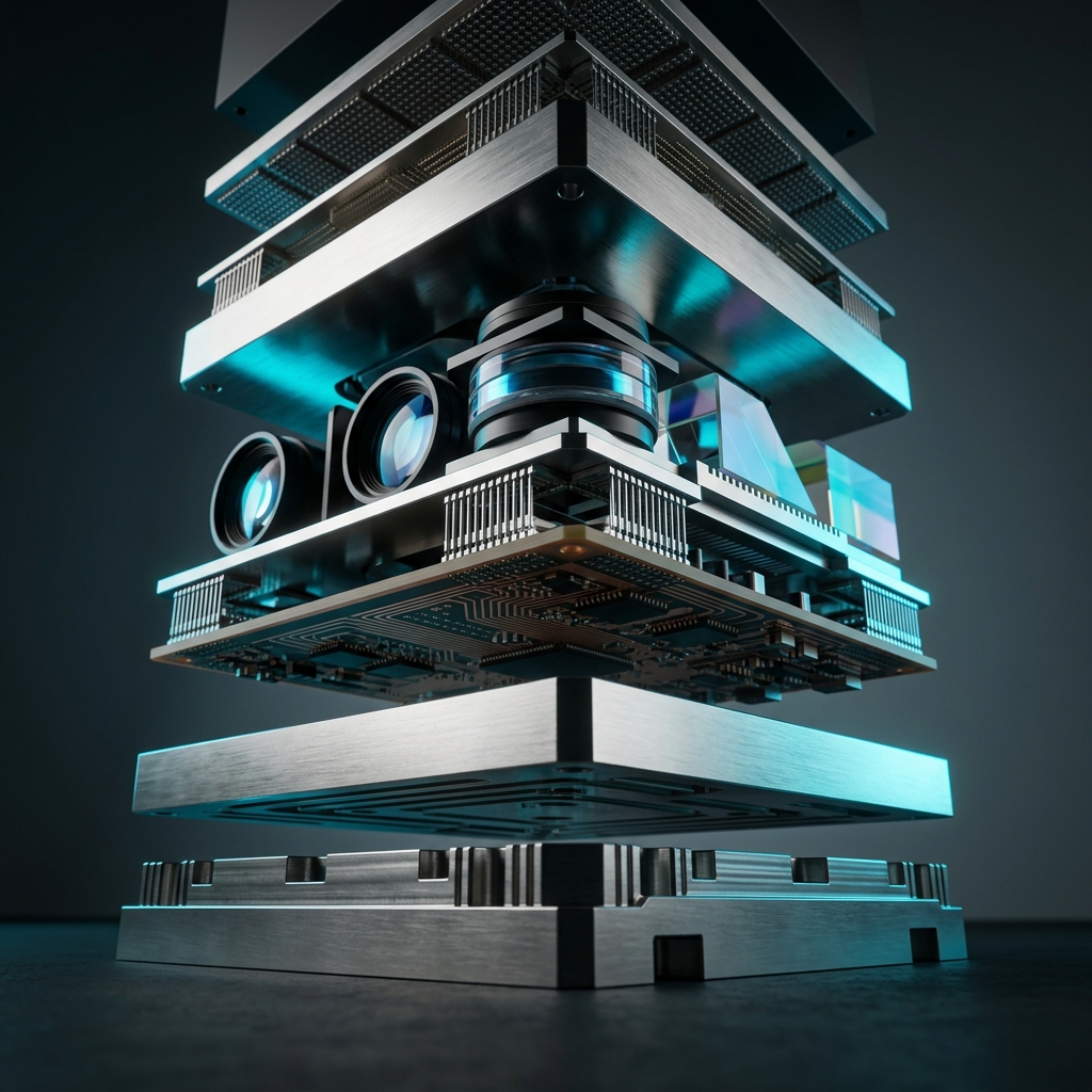 Stacked precision components representing layered framework architecture