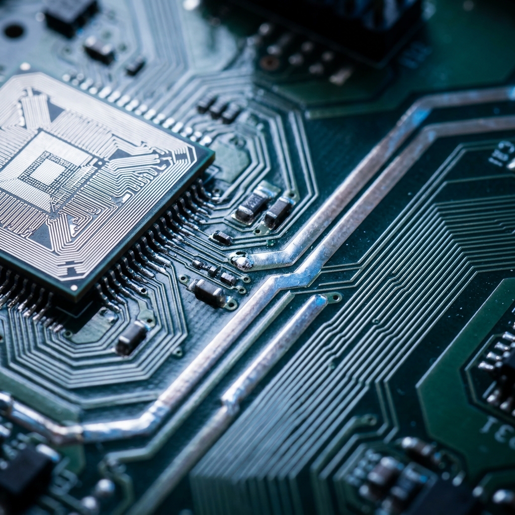 Circuit board microprocessor detail with blue accent lighting