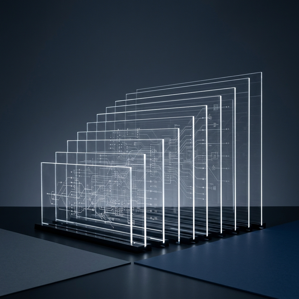 Layered transparent geometric planes with data flow patterns