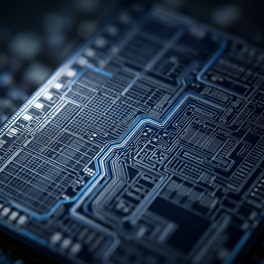 Macro detail of silicon circuitry with blue highlights