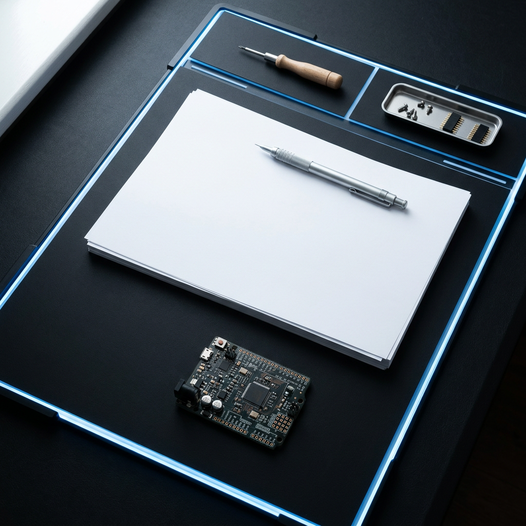 Organized technical workspace with sharp lighting contrast