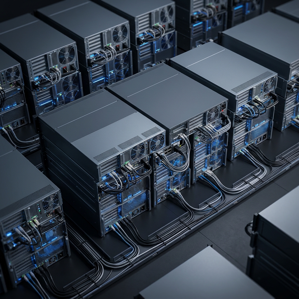 Server infrastructure components arranged from overhead angle