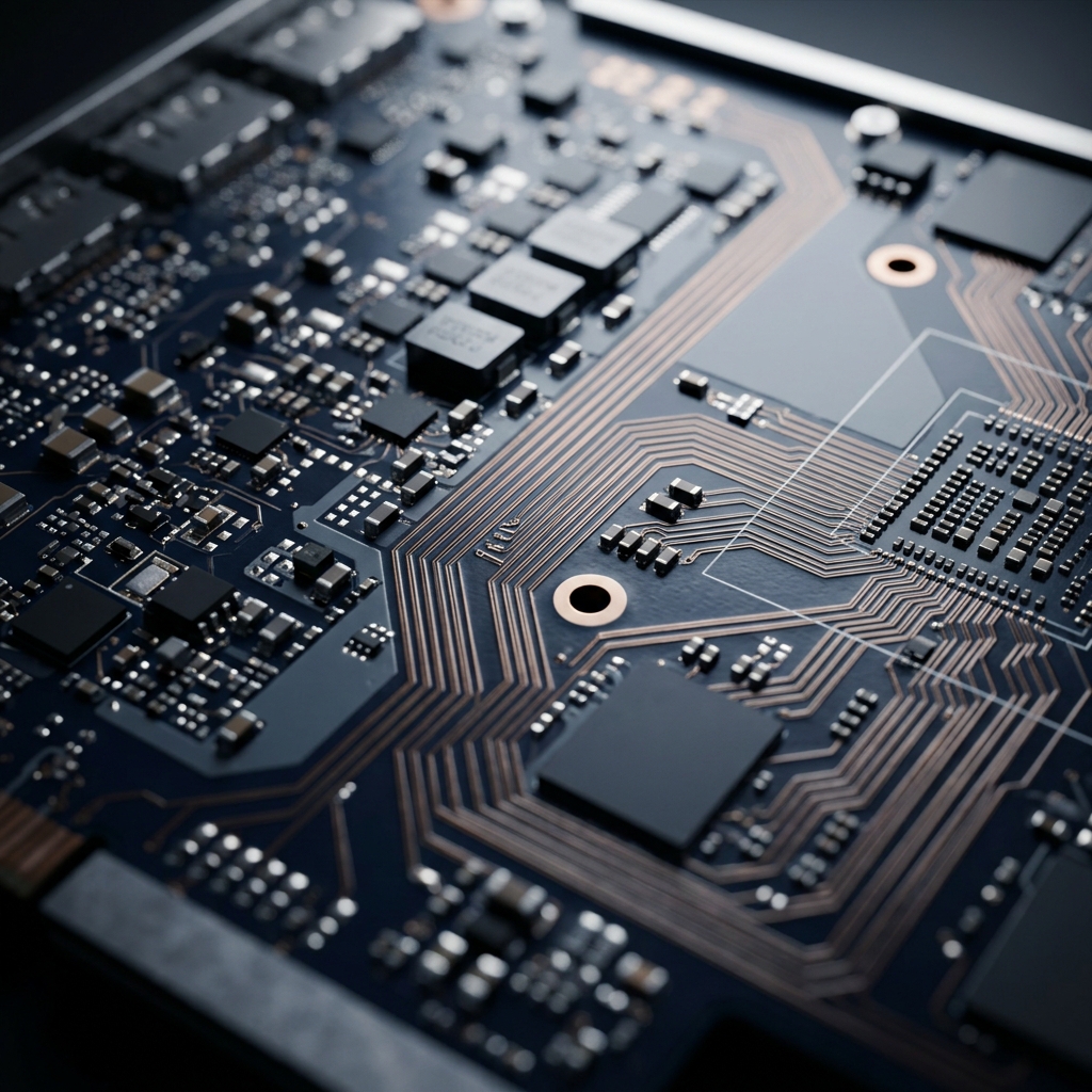 GPU circuit board macro detail with dramatic lighting
