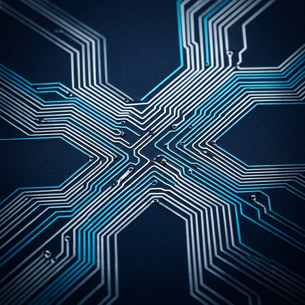 Microchip circuitry network with cyan highlights