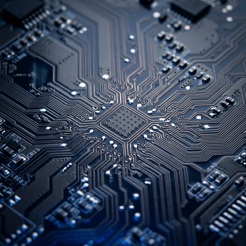 Circuit board pathways and interconnected nodes in macro detail