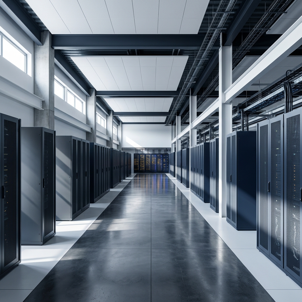 Minimalist server infrastructure with clean geometric arrangement