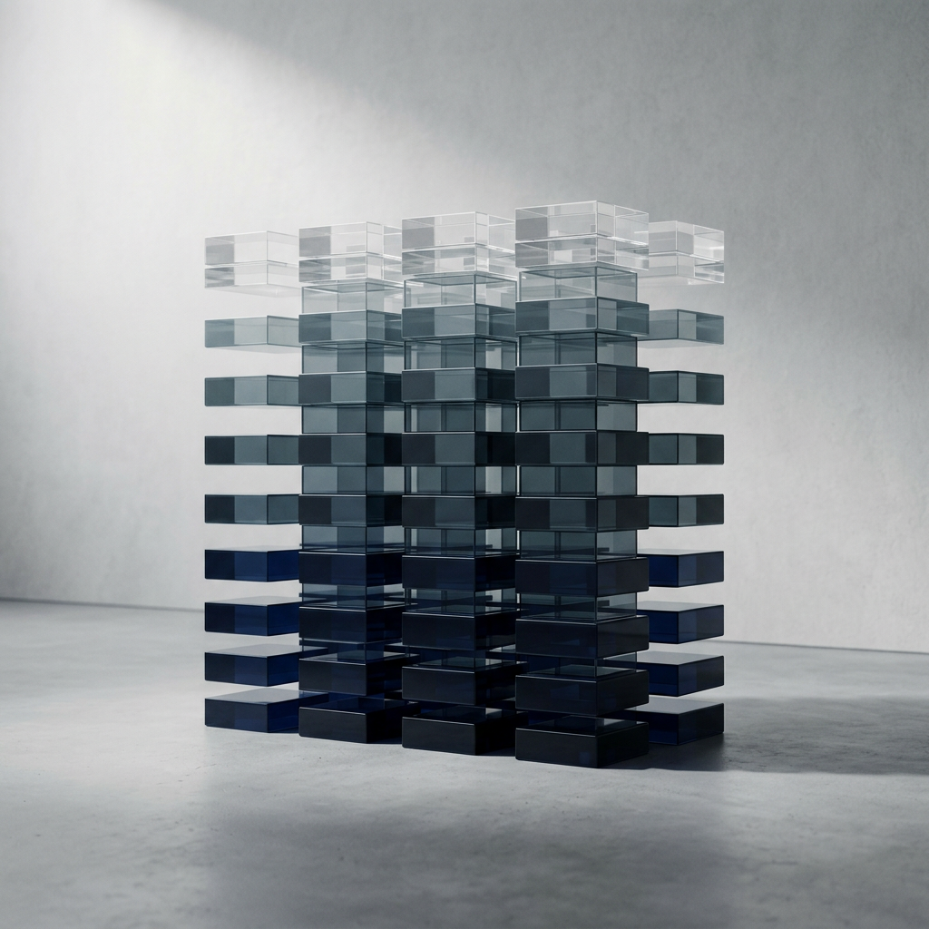 Layered geometric blocks suggesting data architecture