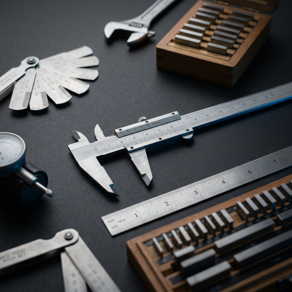 Precision measurement tools on dark surface