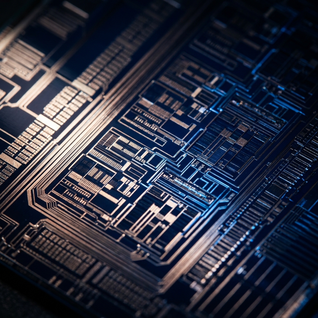 GPU chip macro with circuit pathways highlighted