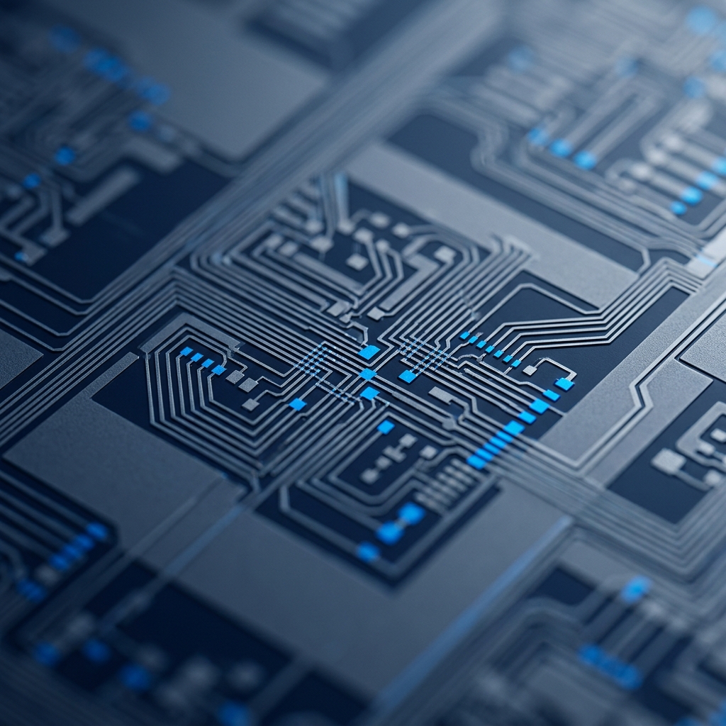 Precision circuit board macro with blue highlights