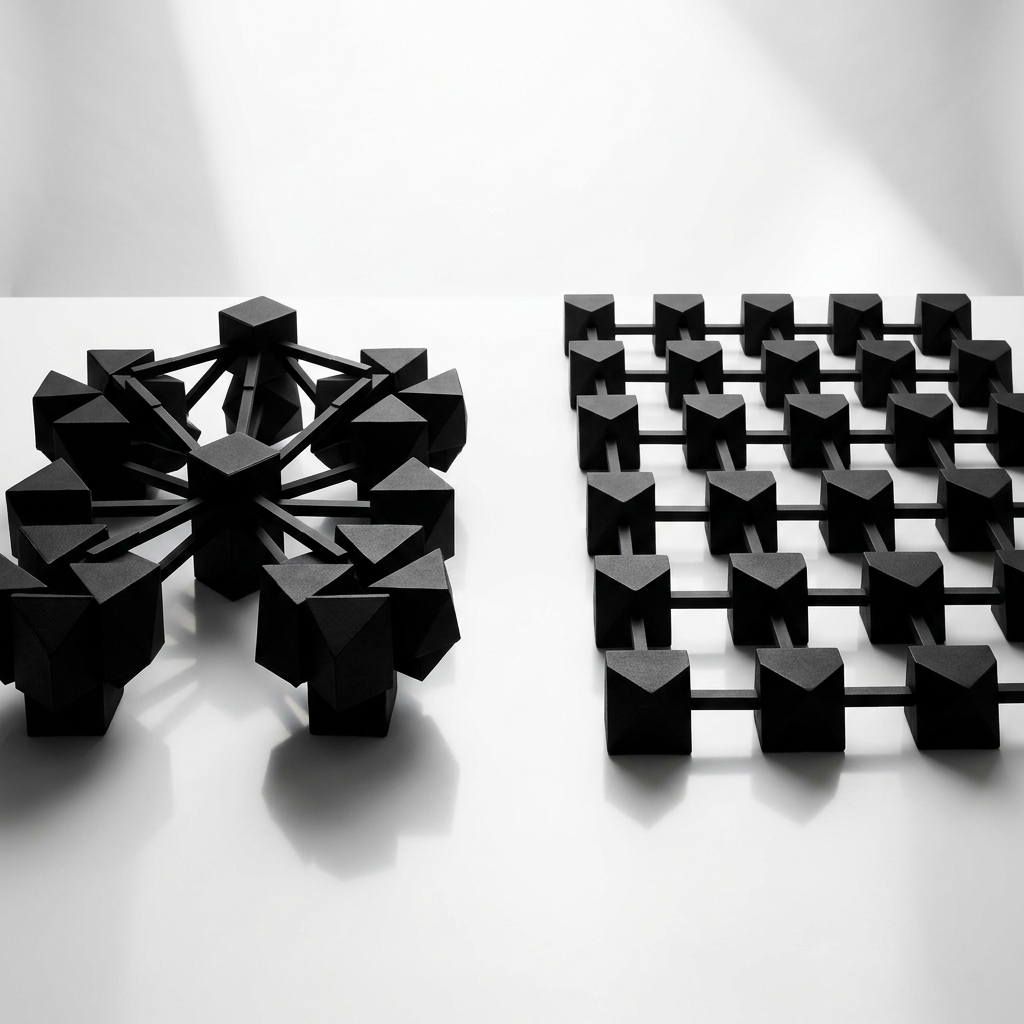 Modular geometric forms illustrating orchestration versus distribution patterns
