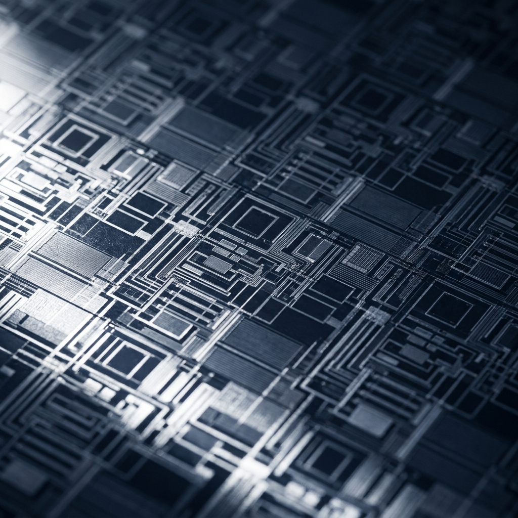 Silicon wafer circuit patterns under precision lighting