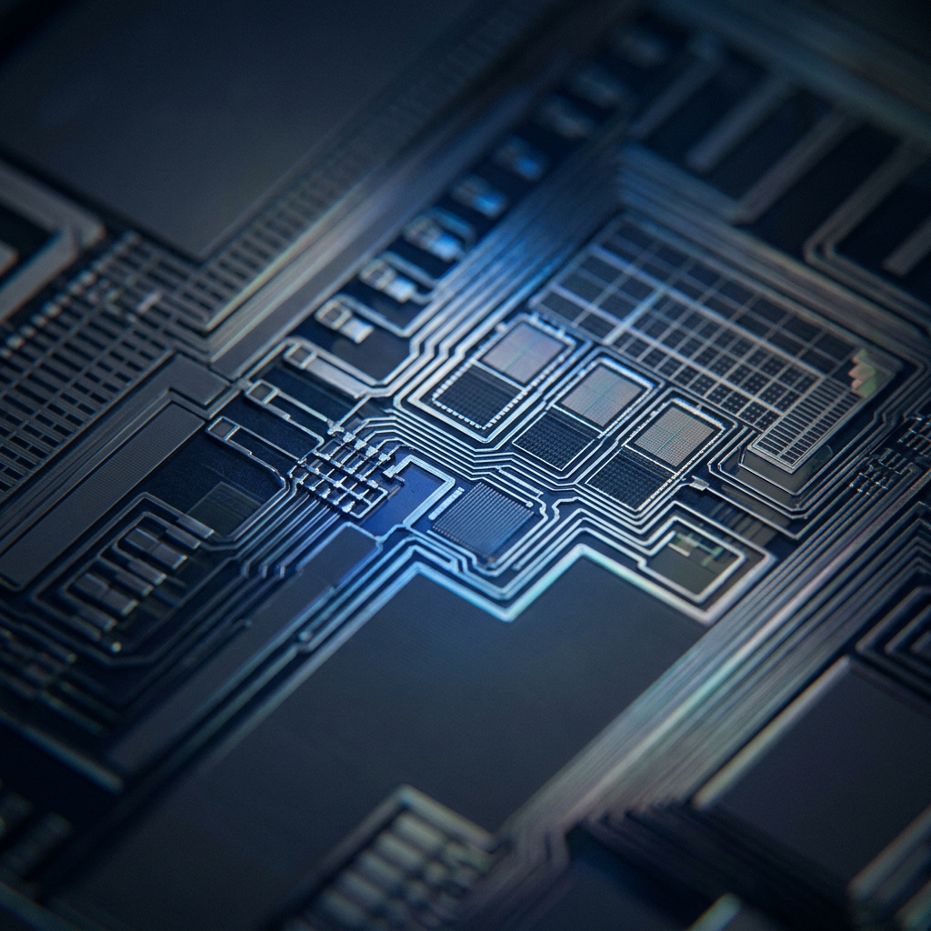 Macro circuit board detail with blue accent lighting