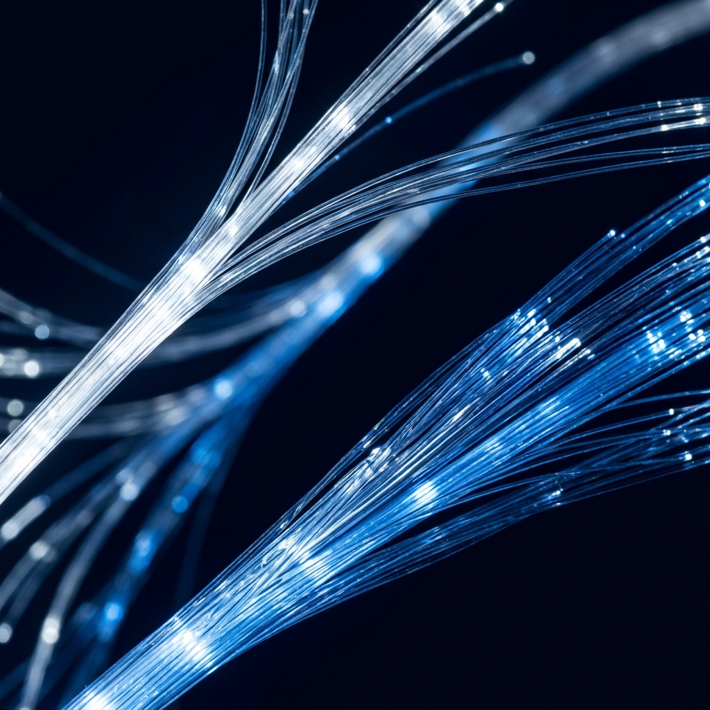 Illuminated optical pathways suggesting data architecture