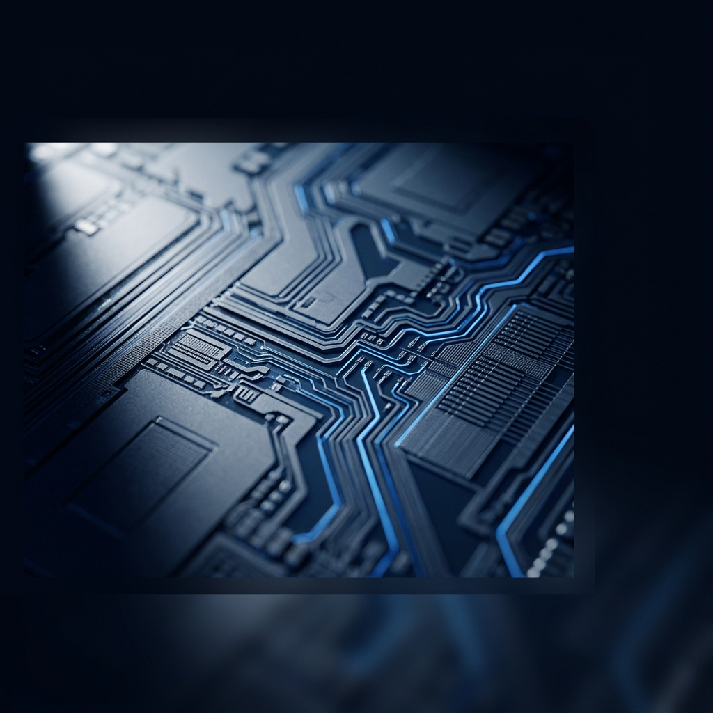 Macro silicon circuit pathways with blue highlights