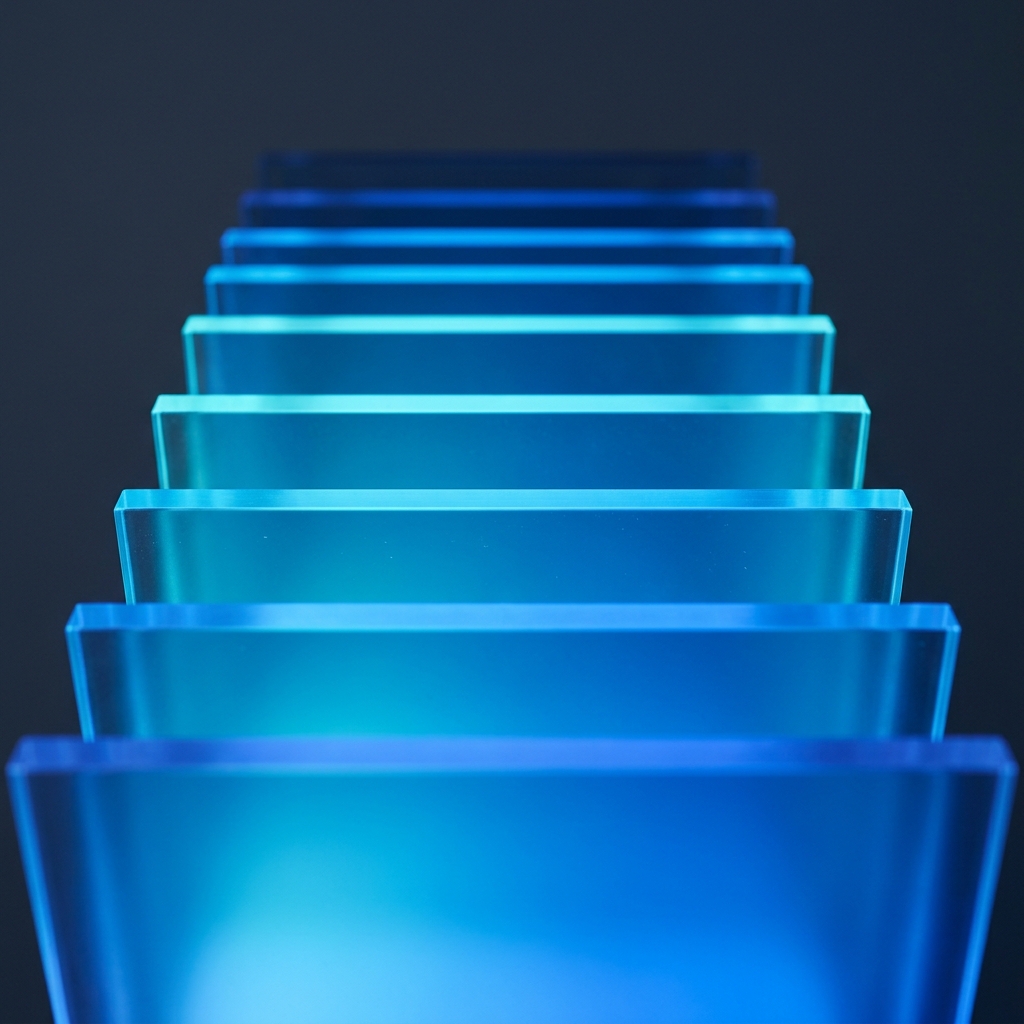 Layered transparent filters illuminated with blue light