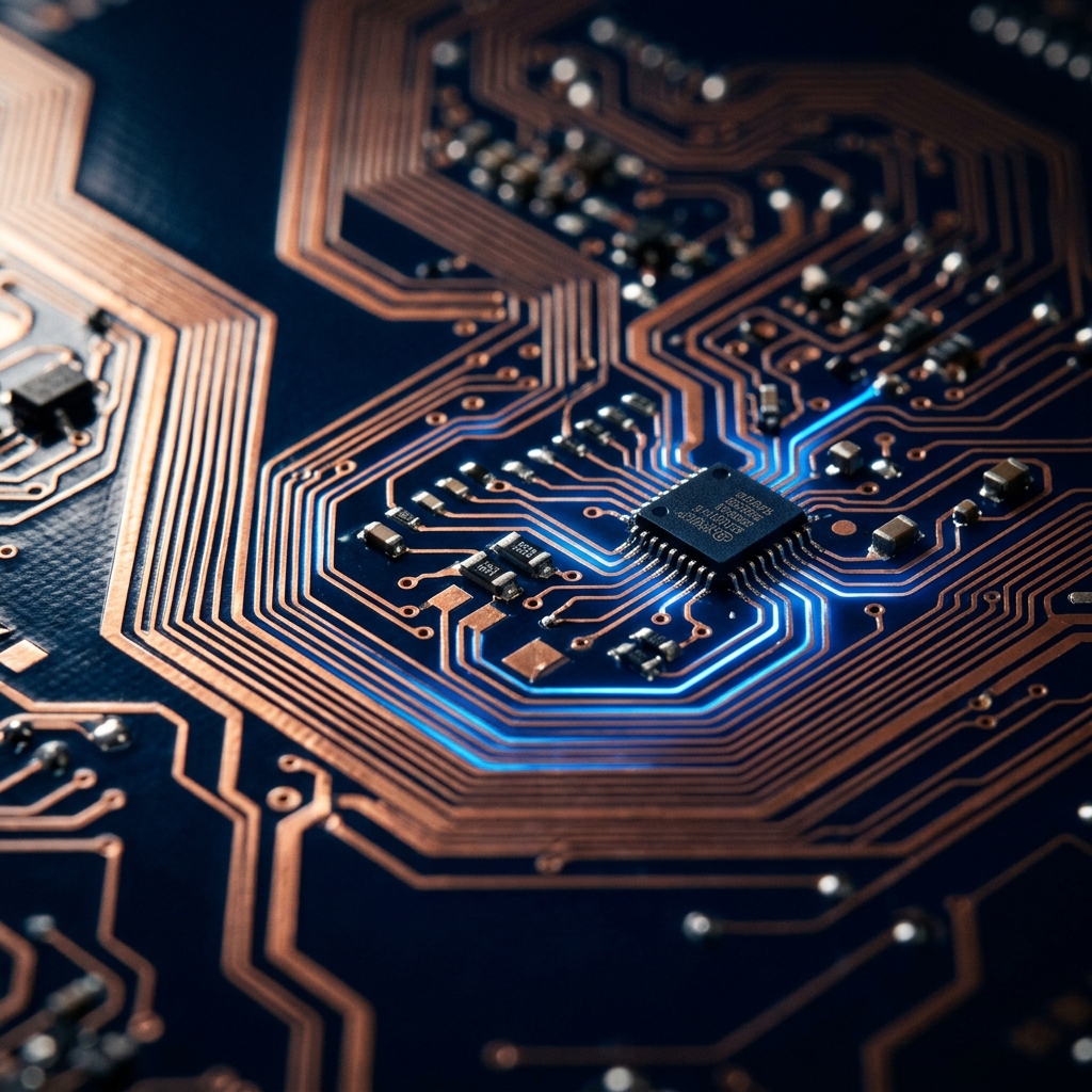 Macro circuit board pathways with blue highlights