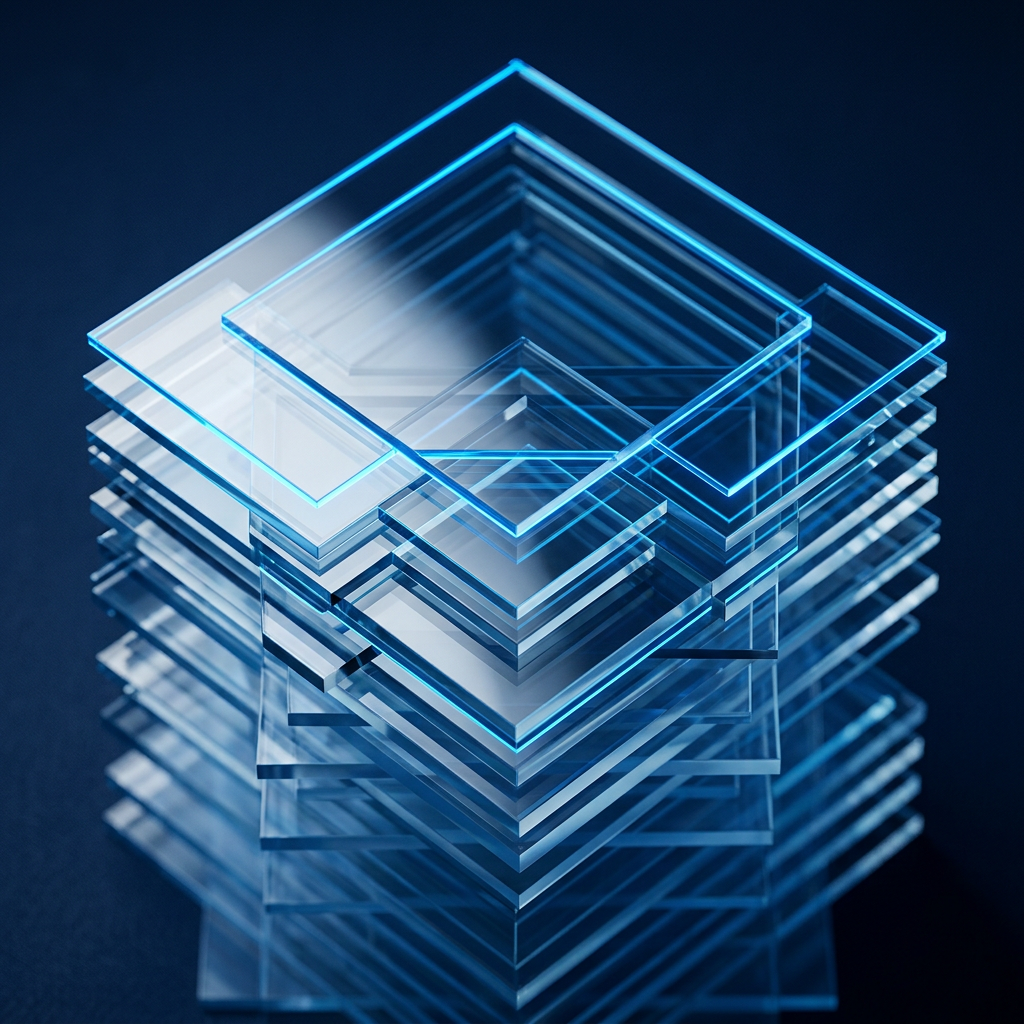Layered crystalline structures with blue accent lighting