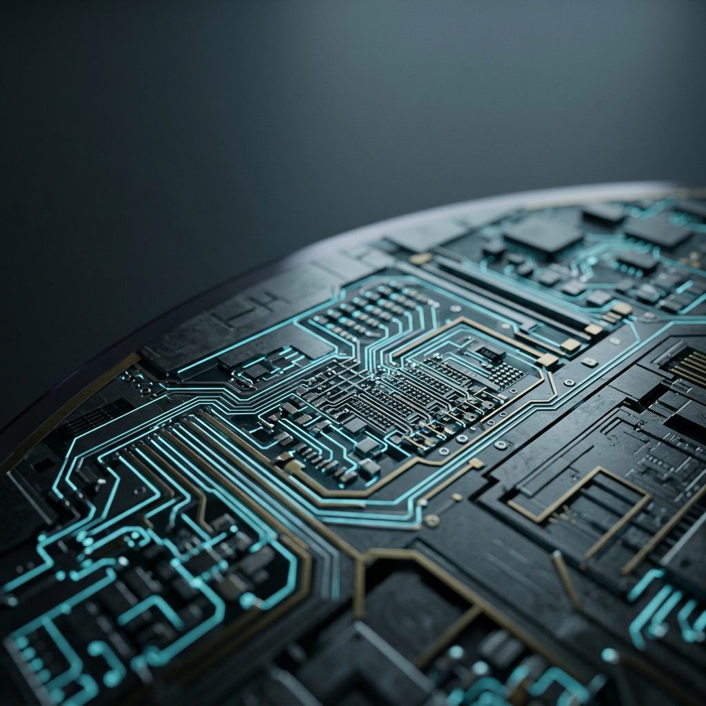 Macro circuit board pathways with cyan highlights