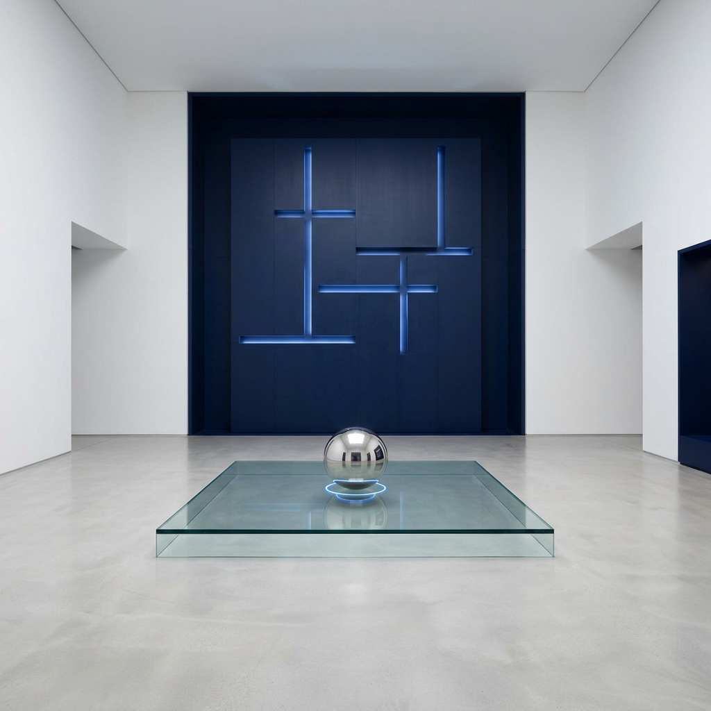 Minimalist studio space with centered metallic sphere