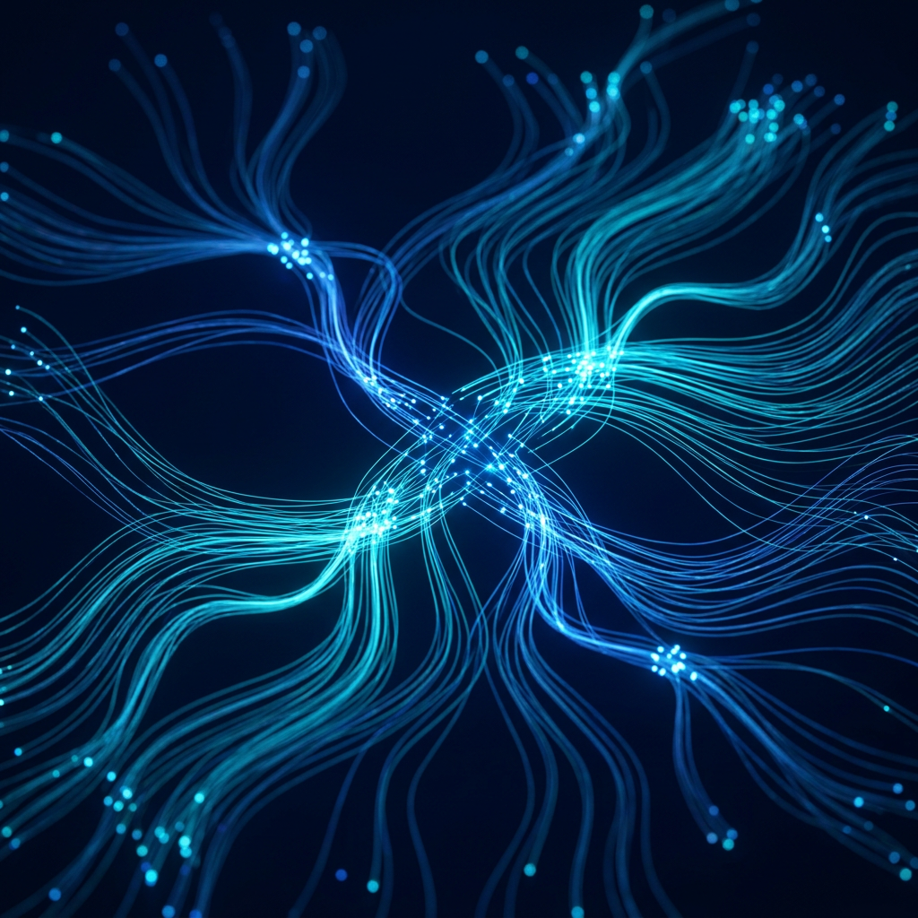 Luminous data pathways converging in structured network