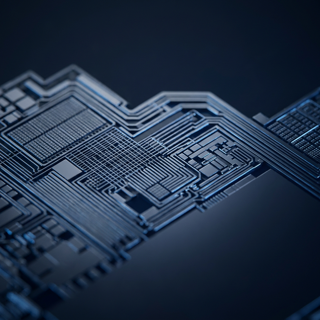 Macro view of silicon circuitry with blue highlights