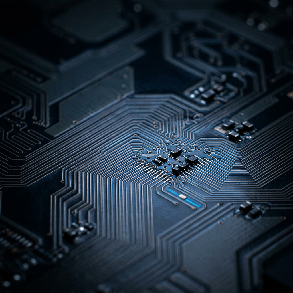Detailed circuit board traces with blue highlights