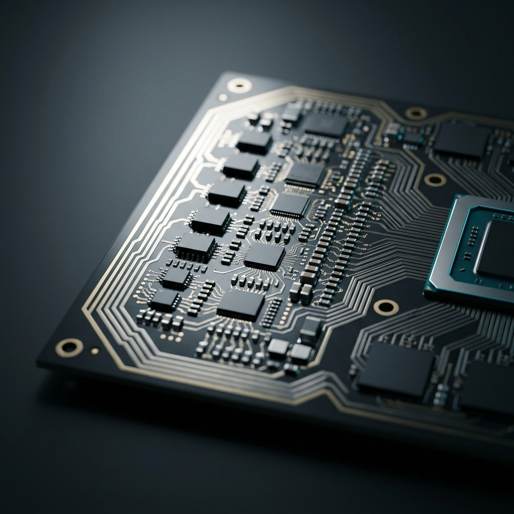 GPU circuit board macro detail with technical precision lighting