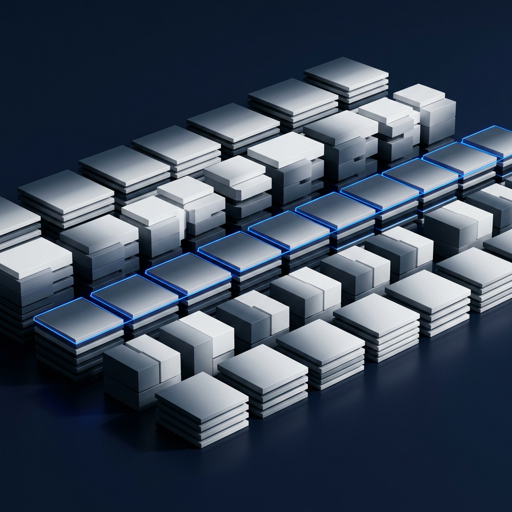 Modular stacked geometric data blocks in organized rows