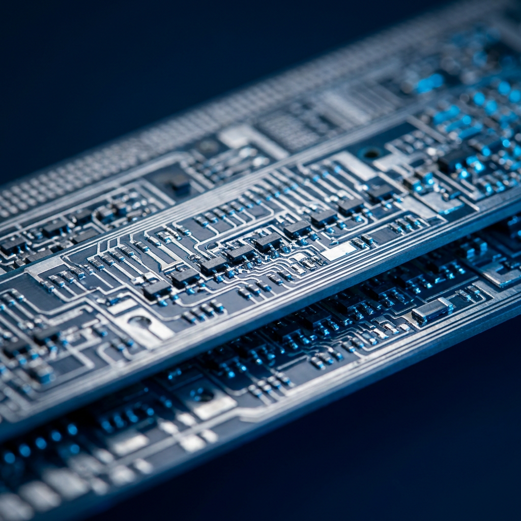 Layered circuit pathways with blue accent lighting