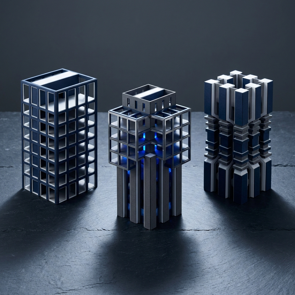 Three modular structures showing hybrid architectural integration