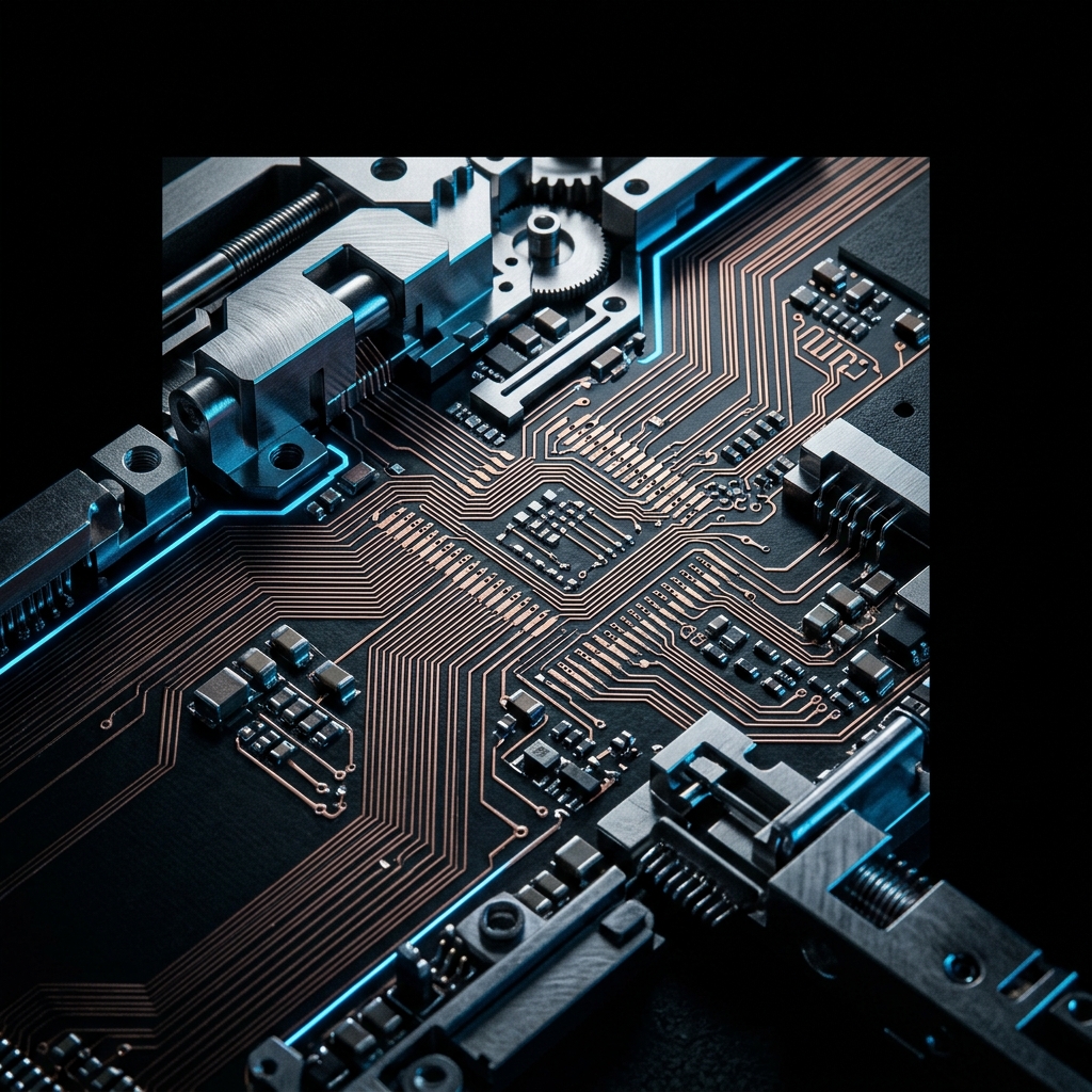 Close-up precision components with high-contrast technical detailing
