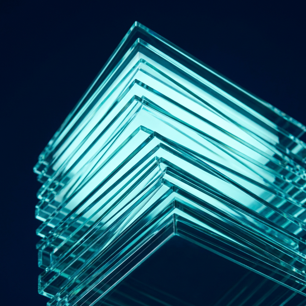Layered transparent sheets with cyan backlighting representing data structure
