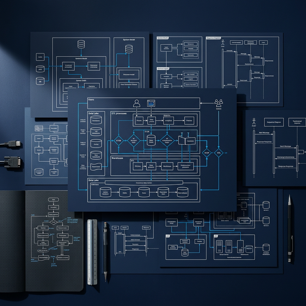 Overhead technical documentation with decision pathways