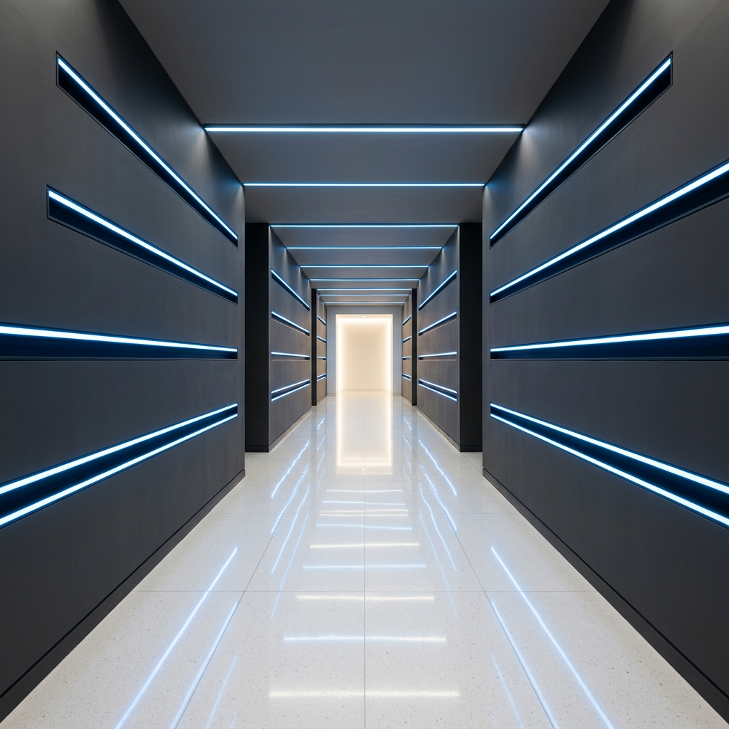 Modern minimalist corridor with architectural clarity and precision lighting